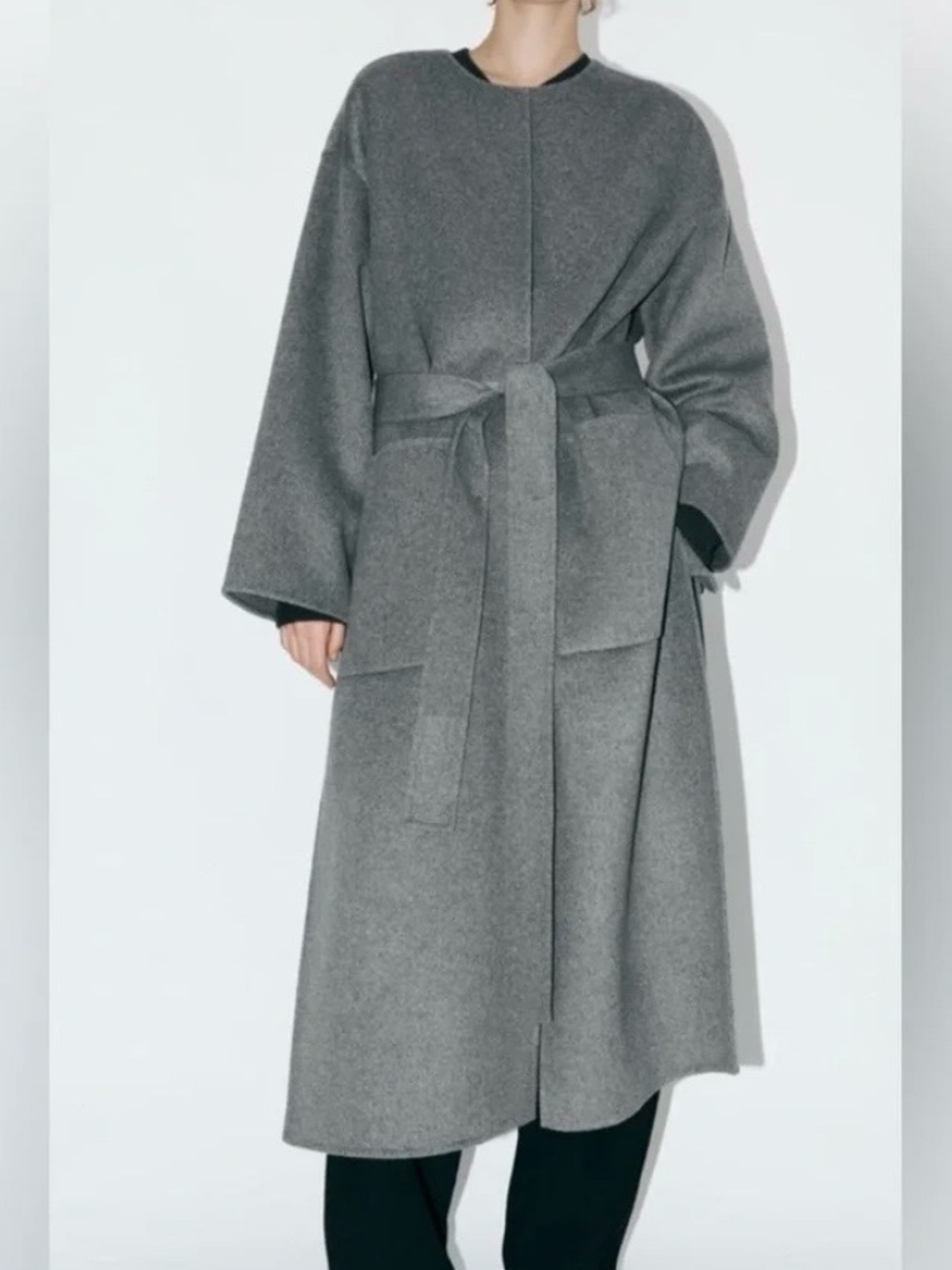 Zara Collection Women's Double Faced Wool Gray Wrap Belted Coat, XS-S